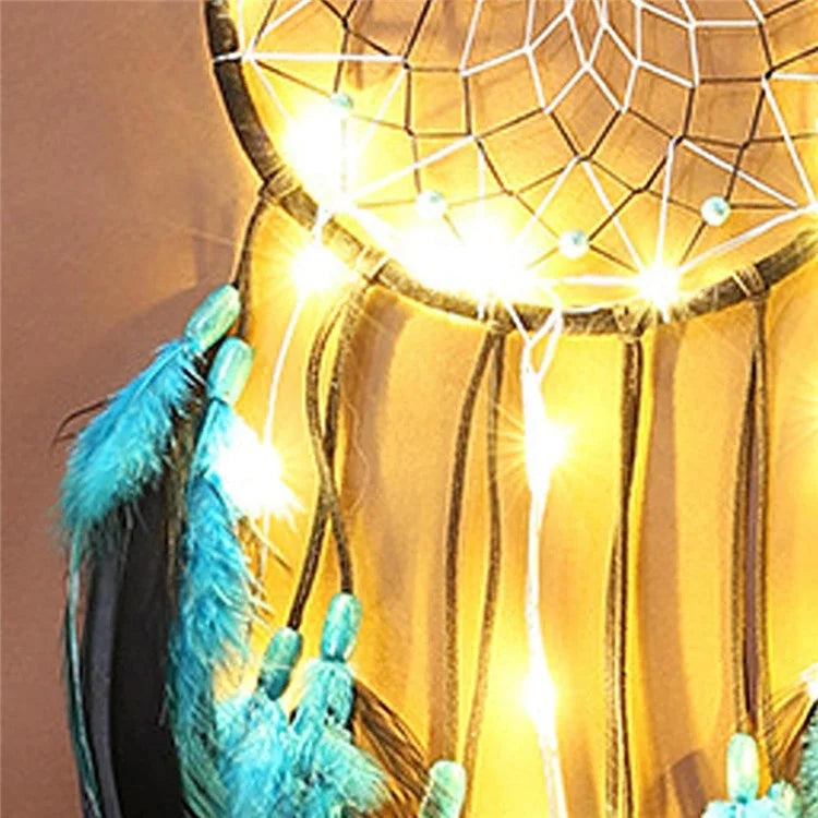 Blue Feather Dream Catcher Hanging Decor Wind Chime Home Wall Ornament with LED Light Strip