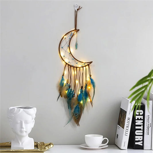 Energy Stone Pendant Feather Dream Catcher Hanging Decor Home Wall Ornament with LED Light Strip