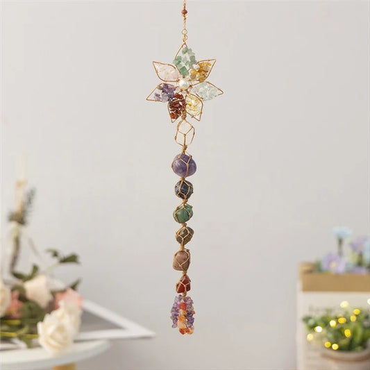 Colorful Natural Stone Seven-Color Crystal Hanging Decor Hand-Woven Lotus Dream Catcher Ornament