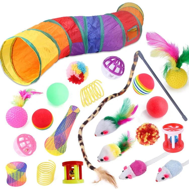 22Pcs / Set Cat Toys Set with Collapsible Tunnel Tube Interactive Cat Feather Toy Mouse Crinkle Balls