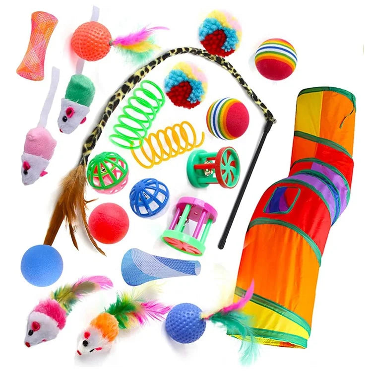 22Pcs / Set Cat Toys Set with Collapsible Tunnel Tube Interactive Cat Feather Toy Mouse Crinkle Balls