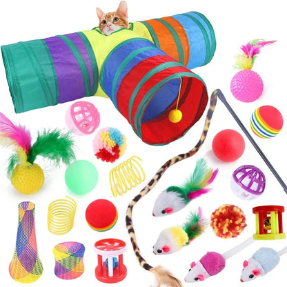 22Pcs  /  Set Cat Toys Set with T-Shaped Colorful Tunnel Interactive Cat Toy Feather Mouse Crinkle Balls