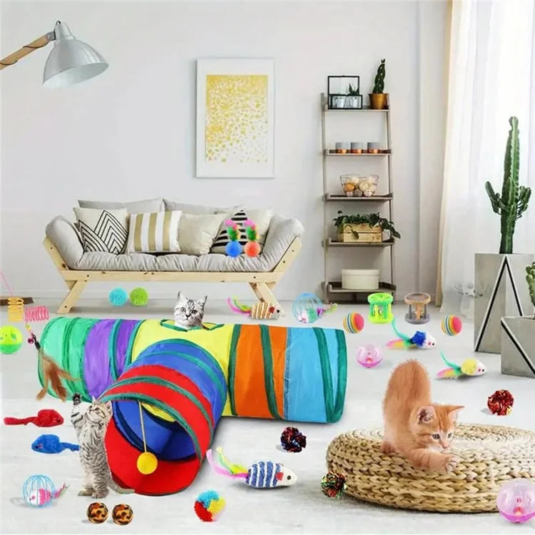 22Pcs  /  Set Cat Toys Set with T-Shaped Colorful Tunnel Interactive Cat Toy Feather Mouse Crinkle Balls