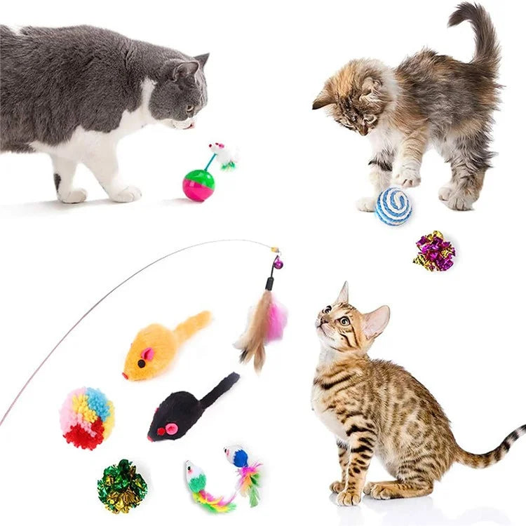 20Pcs / Set Cat Toys Set with Collapsible Rainbow Tunnel Interactive Cat Feather Mouse Crinkle Balls Toy