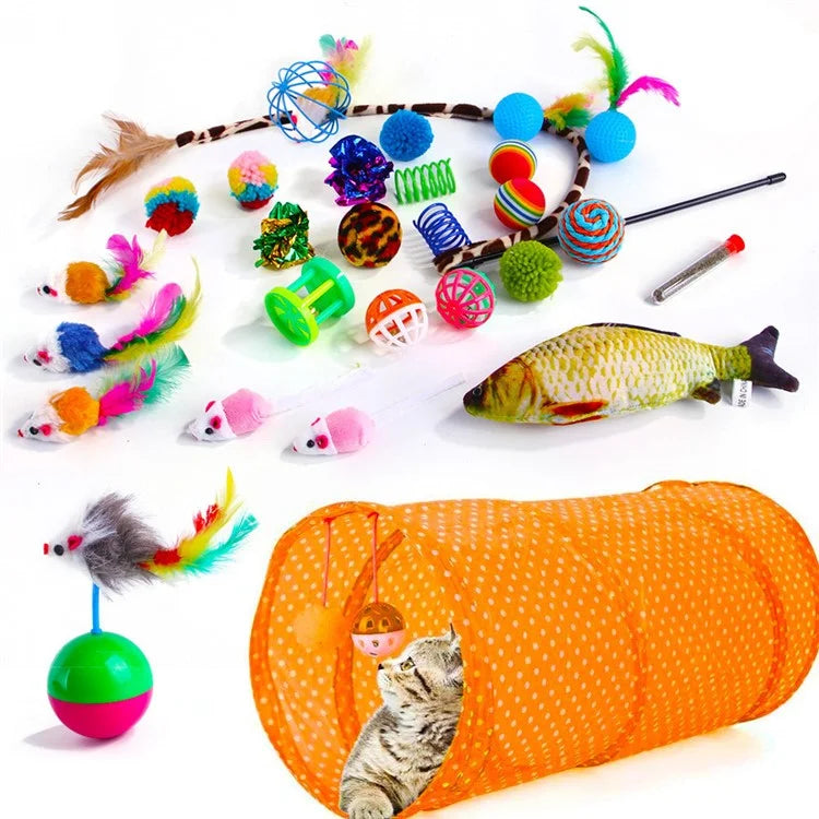 28Pcs / Set Cat Toys Set with Orange Tunnel Interactive Cat Toy Feather Fish Mouse Crinkle Balls