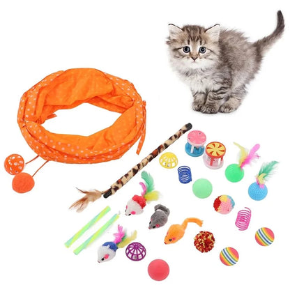 28Pcs / Set Cat Toys Set with Orange Tunnel Interactive Cat Toy Feather Fish Mouse Crinkle Balls