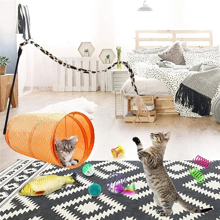 28Pcs / Set Cat Toys Set with Orange Tunnel Interactive Cat Toy Feather Fish Mouse Crinkle Balls