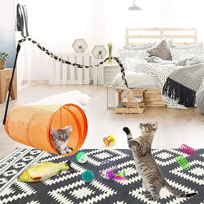 28Pcs / Set Cat Toys Set with Orange Tunnel Interactive Cat Toy Feather Fish Mouse Crinkle Balls