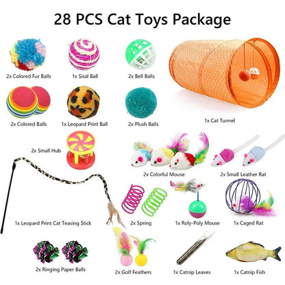 28Pcs / Set Cat Toys Set with Orange Tunnel Interactive Cat Toy Feather Fish Mouse Crinkle Balls