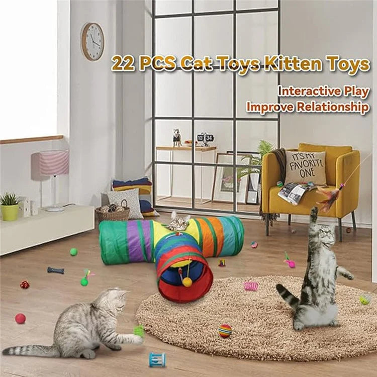 21Pcs / Set Cat Toys Set with T-Shaped Colorful Tunnel Interactive Cat Toy Feather Mouse Crinkle Balls