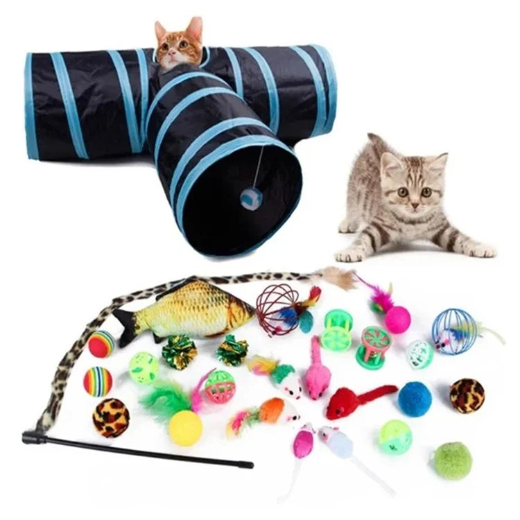 27Pcs / Set Cat Toys Set with T-Shaped Black Tunnel Interactive Cat Toy Feather Fish Mouse Crinkle Balls