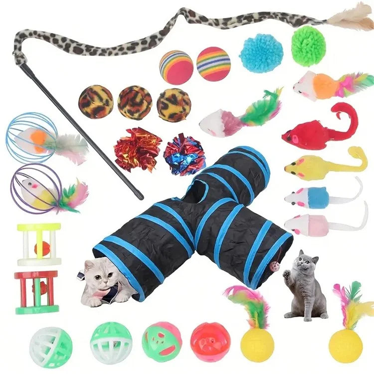 27Pcs / Set Cat Toys Set with T-Shaped Black Tunnel Interactive Cat Toy Feather Fish Mouse Crinkle Balls