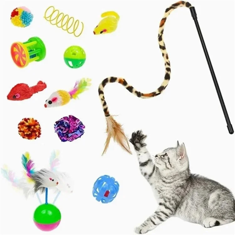 27Pcs / Set Cat Toys Set with T-Shaped Black Tunnel Interactive Cat Toy Feather Fish Mouse Crinkle Balls