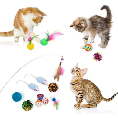 21Pcs / Set Cat Toys Set with Green Tunnel Interactive Cat Toy Feather Mouse Crinkle Balls