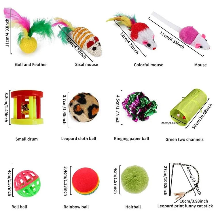 21Pcs / Set Cat Toys Set with Green Tunnel Interactive Cat Toy Feather Mouse Crinkle Balls