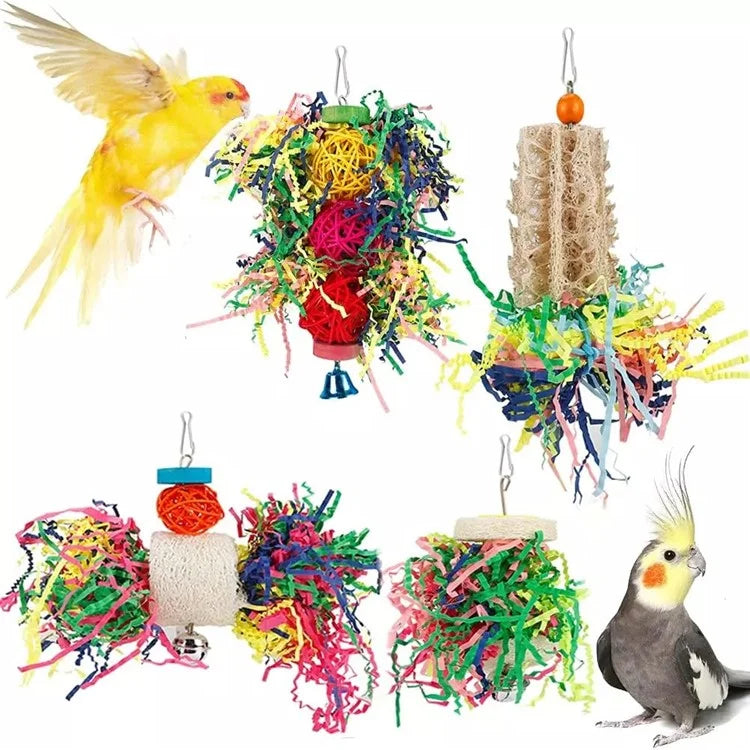 4Pcs / Set Parrot Toy Pet Bird Pulling Scratching Biting Paper Rattan Ball Loofah Toy Set