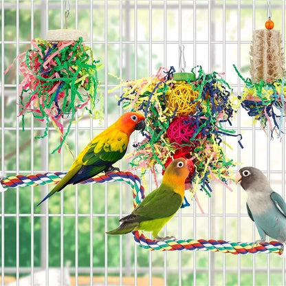 4Pcs / Set Parrot Toy Pet Bird Pulling Scratching Biting Paper Rattan Ball Loofah Toy Set