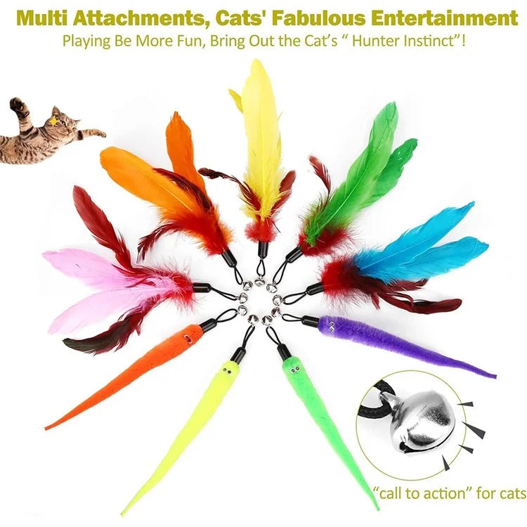 10Pcs / Set Pet Cat Toy Colorful Feather Fishing Rod Caterpillar Bell Replaceable Head Cat Teaser Wand
