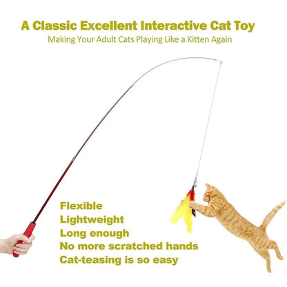 10Pcs / Set Pet Cat Toy Colorful Feather Fishing Rod Caterpillar Bell Replaceable Head Cat Teaser Wand