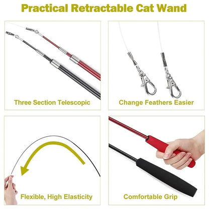 10Pcs / Set Pet Cat Toy Colorful Feather Fishing Rod Caterpillar Bell Replaceable Head Cat Teaser Wand