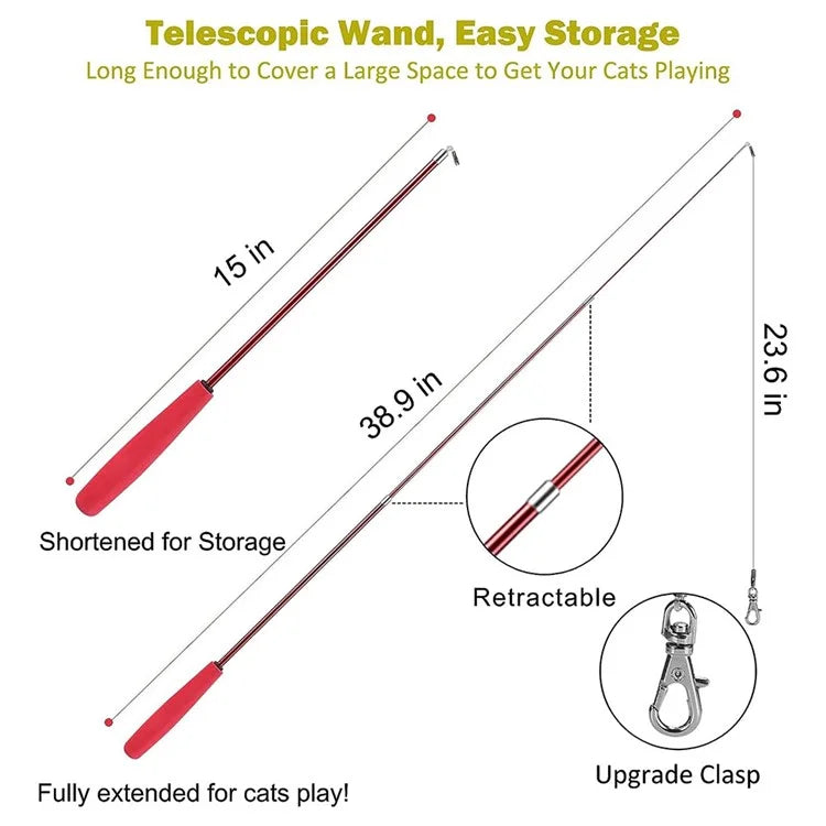 10Pcs / Set Pet Cat Toy Colorful Feather Fishing Rod Caterpillar Bell Replaceable Head Cat Teaser Wand