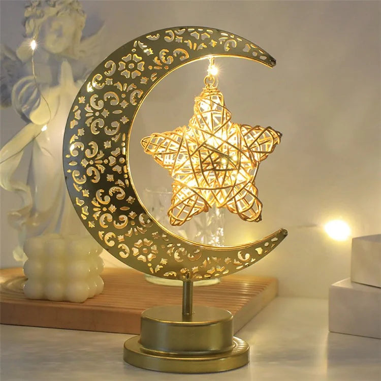 Holiday Decoration LED Table Lamp Vines Star Iron Art Hollow Moon Desktop Light