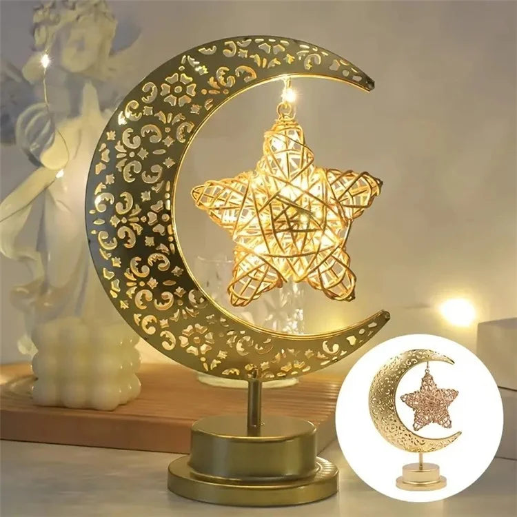 Holiday Decoration LED Table Lamp Vines Star Iron Art Hollow Moon Desktop Light