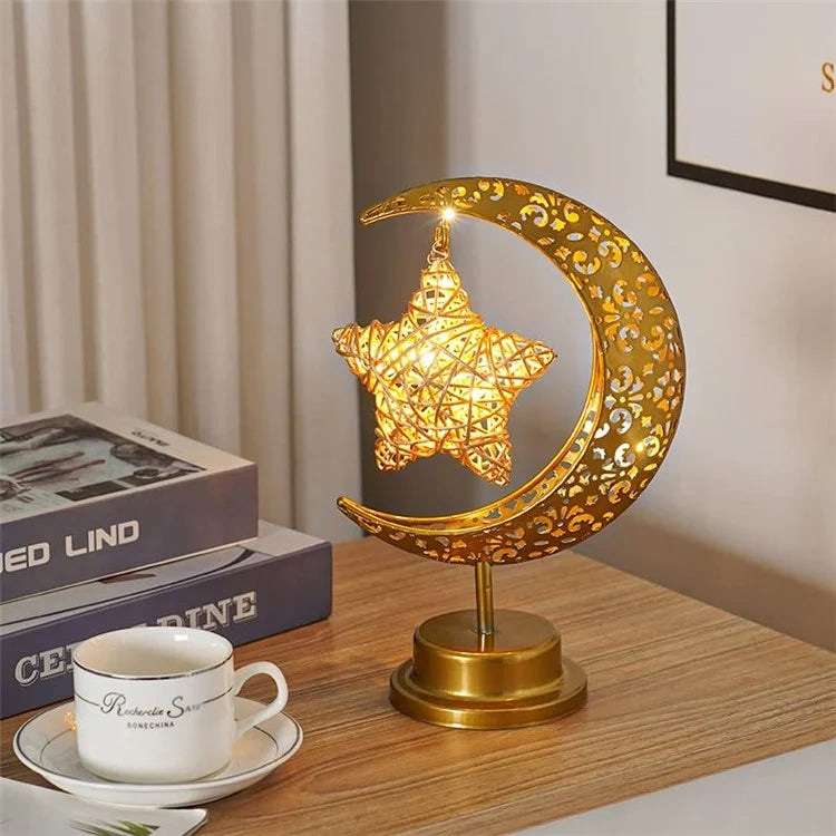 Holiday Decoration LED Table Lamp Vines Star Iron Art Hollow Moon Desktop Light