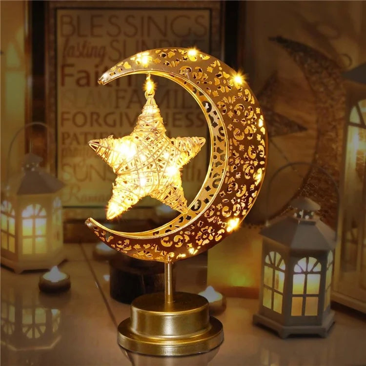 Holiday Decoration LED Table Lamp Vines Star Iron Art Hollow Moon Desktop Light