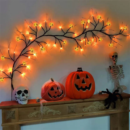 Halloween Garland Lights 1.8m 54 LED 8 Modes Pumpkin Bat Spider Willow Vine Twig Lights