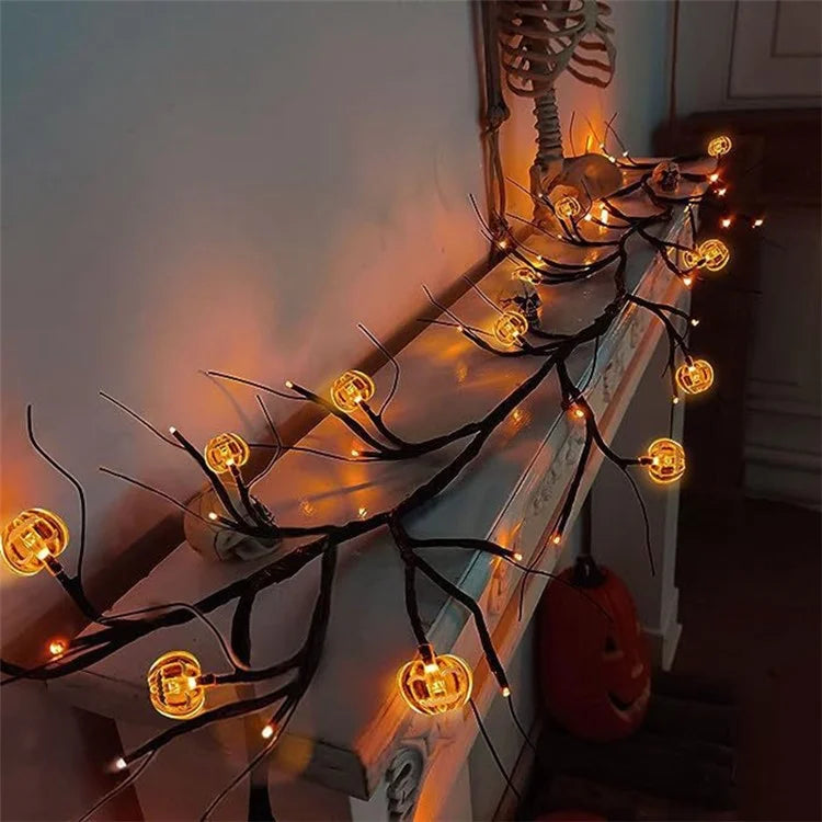 Halloween Garland Lights 1.8m 54 LED 8 Modes Pumpkin Bat Spider Willow Vine Twig Lights