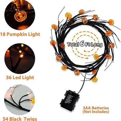 Halloween Garland Lights 1.8m 54 LED 8 Modes Pumpkin Bat Spider Willow Vine Twig Lights