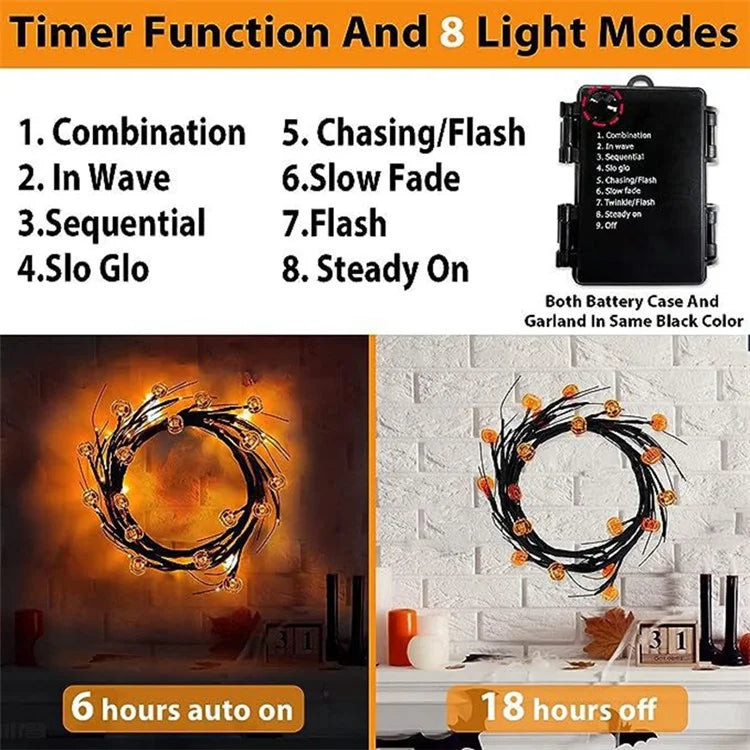 Halloween Garland Lights 1.8m 54 LED 8 Modes Pumpkin Bat Spider Willow Vine Twig Lights
