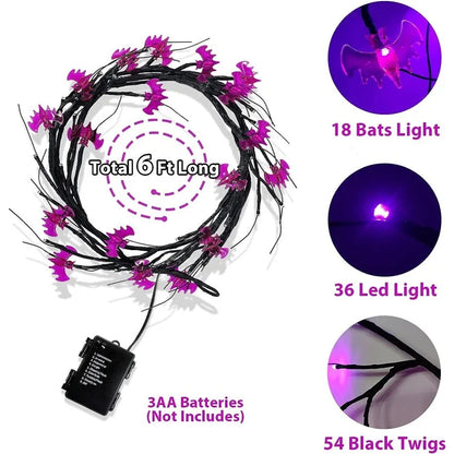 Halloween Garland Lights 1.8m 54 LED 8 Modes Pumpkin Bat Spider Willow Vine Twig Lights