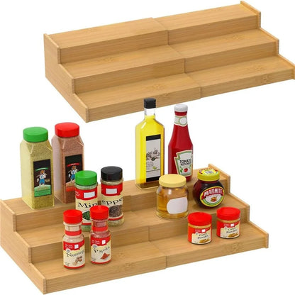 3-Tier Spice Organizer Rack Natural Bamboo Expandable Kitchen Storage Shelf