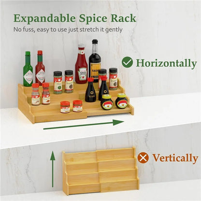 3-Tier Spice Organizer Rack Natural Bamboo Expandable Kitchen Storage Shelf