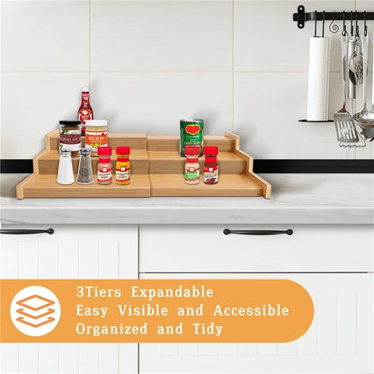 3-Tier Spice Organizer Rack Natural Bamboo Expandable Kitchen Storage Shelf