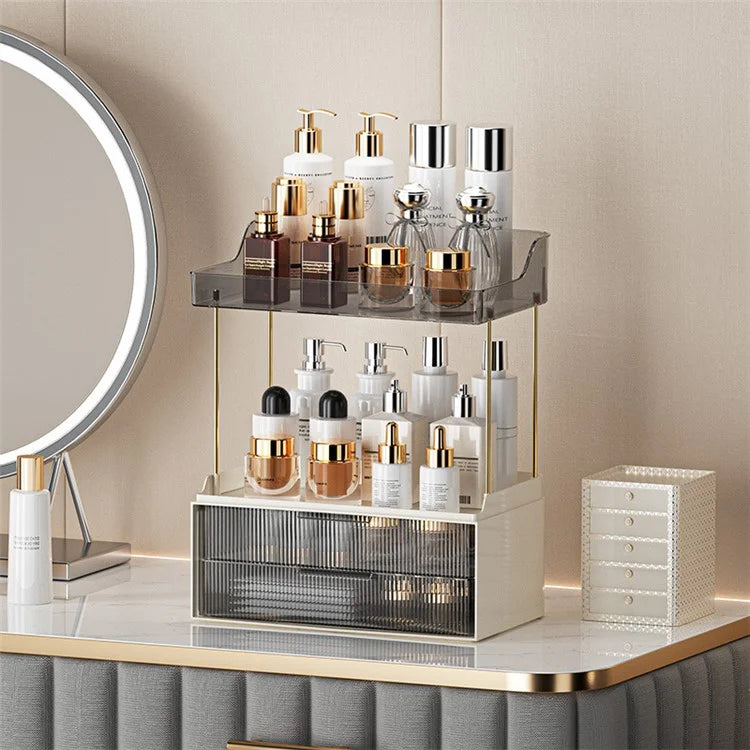 3476 Makeup Storage Skincare Organizer Double Layer Counter Shelf with Two Drawers