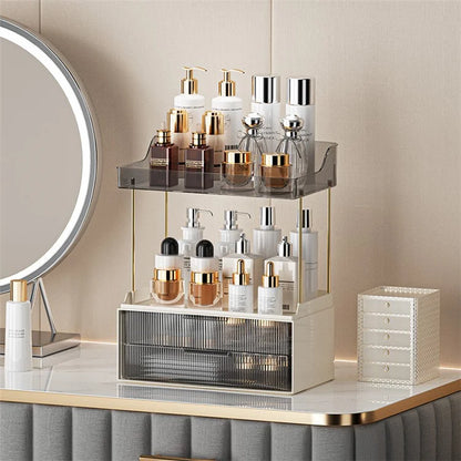 3476 Makeup Storage Skincare Organizer Double Layer Counter Shelf with Two Drawers