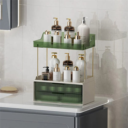 3476 Makeup Storage Skincare Organizer Double Layer Counter Shelf with Two Drawers
