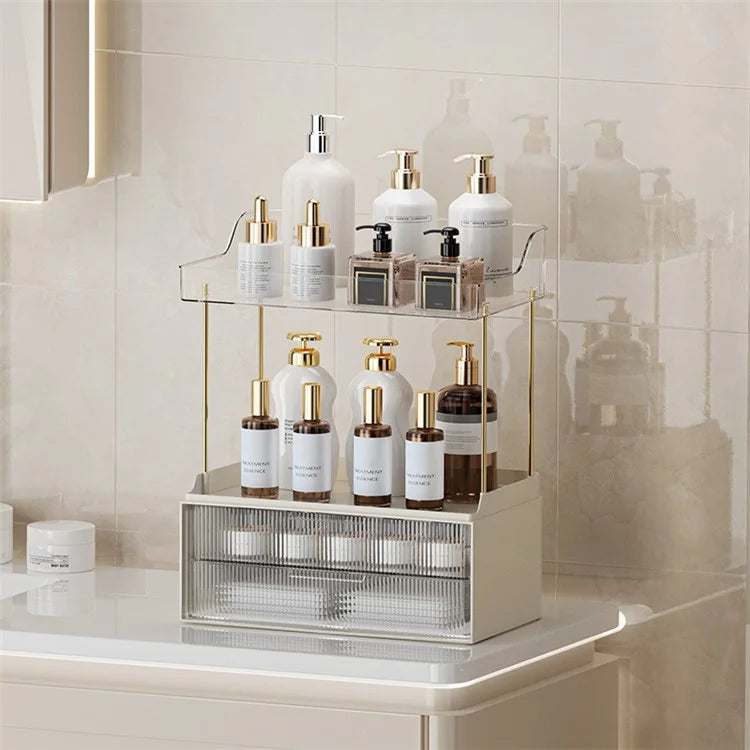 3476 Makeup Storage Skincare Organizer Double Layer Counter Shelf with Two Drawers