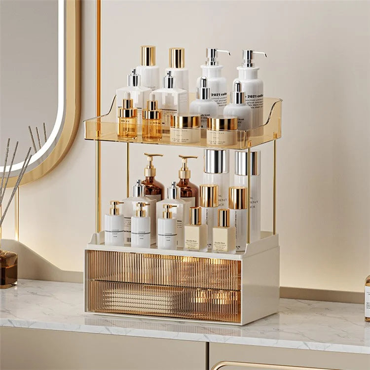 3476 Makeup Storage Skincare Organizer Double Layer Counter Shelf with Two Drawers