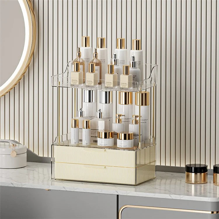 3476 Makeup Storage Skincare Organizer Double Layer Counter Shelf with Two Drawers