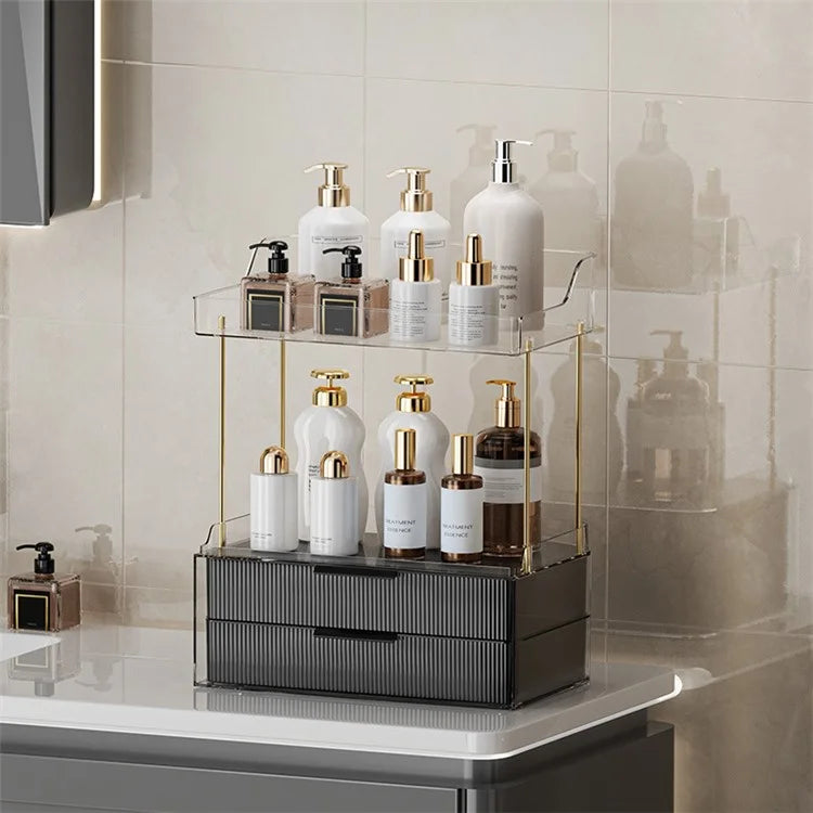 3476 Makeup Storage Skincare Organizer Double Layer Counter Shelf with Two Drawers