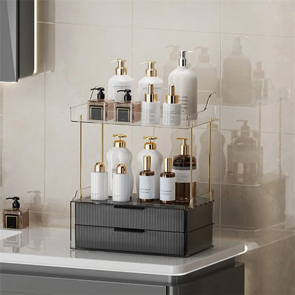 3476 Makeup Storage Skincare Organizer Double Layer Counter Shelf with Two Drawers