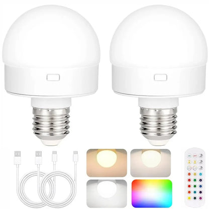 2Pcs E27 Rechargeable Light Bulb RGB Light Timing Table Lamp with Remote Control