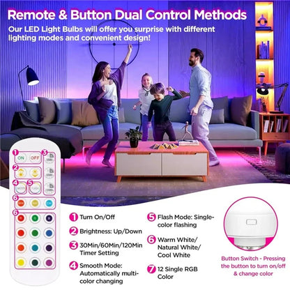 2Pcs E27 Rechargeable Light Bulb RGB Light Timing Table Lamp with Remote Control