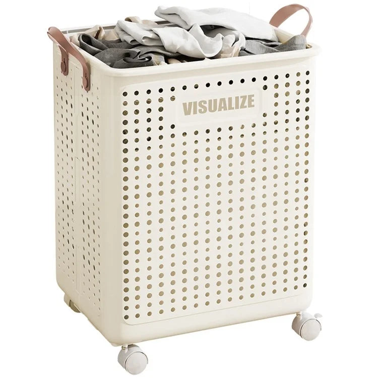 VISUALIZE Hollow Design Foldable Laundry Basket Dirty Clothes Storage Cart with Handles and Wheels, Size M