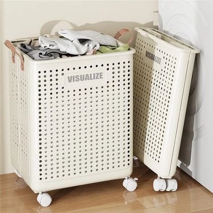 VISUALIZE Hollow Design Foldable Laundry Basket Dirty Clothes Storage Cart with Handles and Wheels, Size M