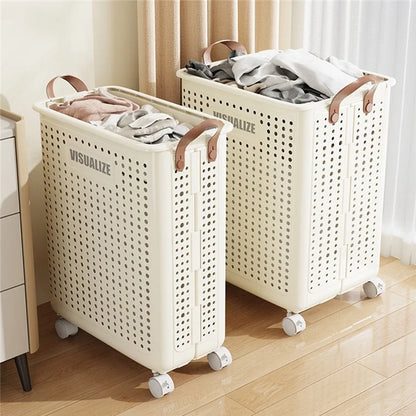 VISUALIZE Hollow Design Foldable Laundry Basket Dirty Clothes Storage Cart with Handles and Wheels, Size M